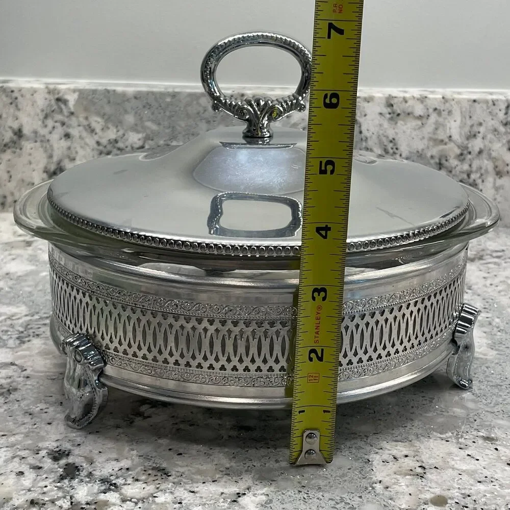 Vintage Pyrex Casserole Bowl & Serving Dish w/ Silver Tone Lid & Serving Stand